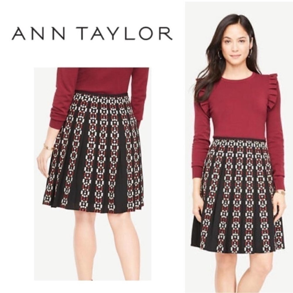 ⭐️HOST PICK Ann Taylor Petite Women's Black Embroidered Pleated Skirt Size 0P